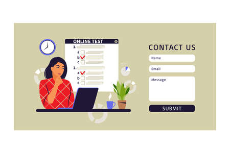 Concept online testing, e-learning, examination on computer. Contact us form. Vector illustration. Flatのイラスト素材