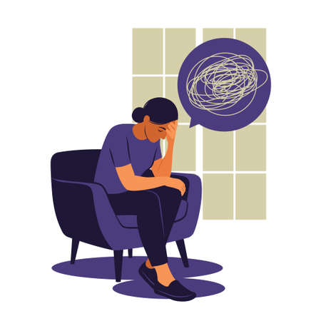 Depressed sad woman thinking over problems. Bankruptcy, loss, crisis, trouble concept. Vector illustration. Flat styleのイラスト素材