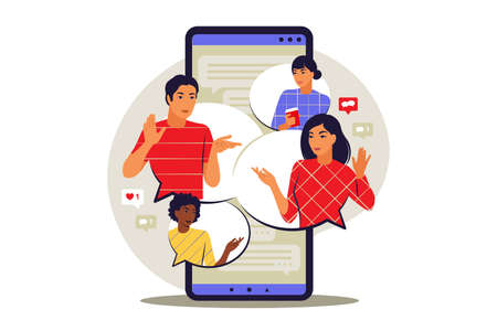 Messenger concept. People forwards messages to friends or colleagues. Vector illustration. Flat.