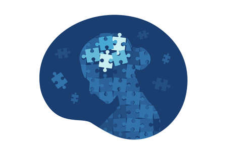 Mental illness and disorder concept. Head head profile with puzzle pieces falling apart. Vector illustration. Flatのイラスト素材