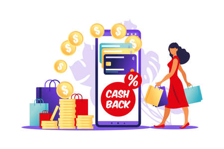 Online cashback concept. woman with shopping bags and smartphone with credit card on it. Online banking. Saving money. Money refund. Vector.のイラスト素材