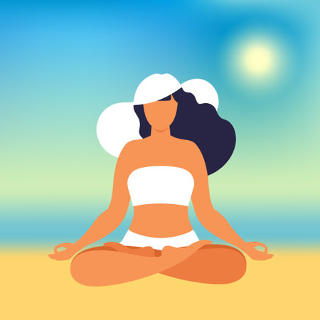 Girl meditation on the beach. Concept for vacation, holiday and travel. Summer time. Vector illustration in flat.のイラスト素材