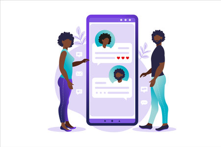 People chatting in the smartphone screen, virtual relationship vector illustration concept. Dating app or chat concept. Vector illustration for online dating app users.のイラスト素材