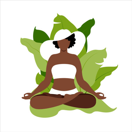 Africa girl meditation on the beach. Concept for vacation, holiday and travel. Summer time. Vector illustration in flat.のイラスト素材