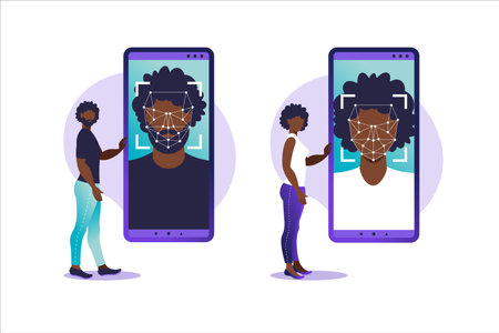 Face ID, face recognition system. Facial biometric identification system scanning on smartphone. Facial recognition system concept. Mobile app for face recognition. Vector illustration.のイラスト素材