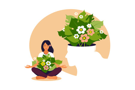 Woman sits on the floor and meditates with closed eyes. Concept of love yourself and a healthy lifestyle. Girl makes yoga, relaxes at home or breathing exercises. Vector illustration.のイラスト素材
