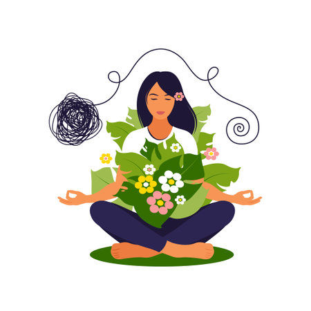Concept of love yourself and a healthy lifestyle. Girl makes yoga, relaxes at home or breathing exercises. Woman sits on the floor and meditates. Vector illustration.のイラスト素材