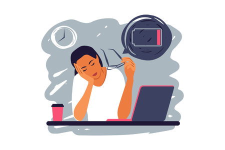 Professional burnout syndrome. Tired female manager in office sitting at the laptop. Long work day concept. Vector illustration.のイラスト素材