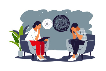 Woman during a mental therapy session with a psychotherapist or psychologist. Two women are sitting and talking. Mental health concept. Vector illustration.のイラスト素材