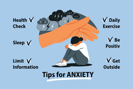 Tips for anxiety management infographic. Woman with anxiety, mood disorder and useful advice. Vector illustration.のイラスト素材