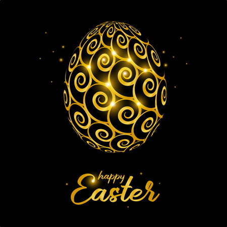 Happy Easter celebration card with golden decorated easter egg. The poster with the golden text Happy Easter on a black background. Vector Illustration. Greeting card template design.のイラスト素材