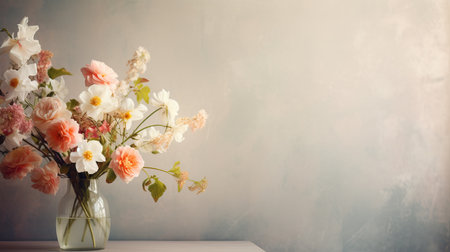 Spring bouquet in a vase with copy space on calm background.の素材