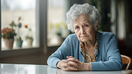 Serious older woman sitting alone near window. She feel depressed lonely feels sad or disappointed. Mental health concept.の素材