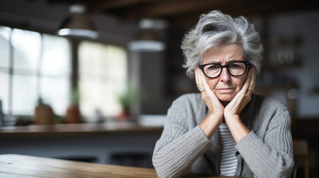 Serious older woman sitting alone near window. She feel depressed lonely feels sad or disappointed. Mental health concept.の素材