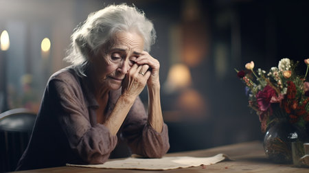Serious older woman in depression with bewildered thoughts in her mind. Depression, loneliness and mental health concept.の素材