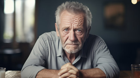 Senior man sitting alone near window. Don't feel depressed lonely. Mental health concept.の素材