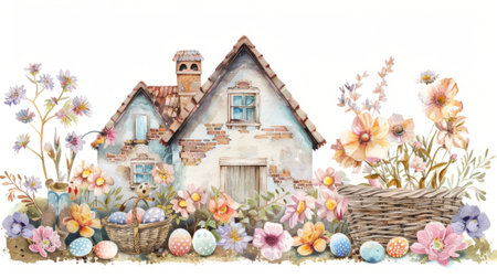 Watercolor vintage composition with house. Basket with Easter eggs and flowers isolated on white background. Watercolor hand drawn illustration sketchの素材