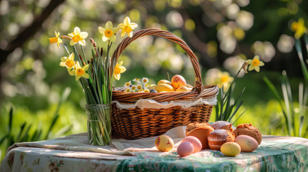 Composition with Easter eggs and flowers in the woven basket in the garden. Spring holiday Easter celebration concept.の素材