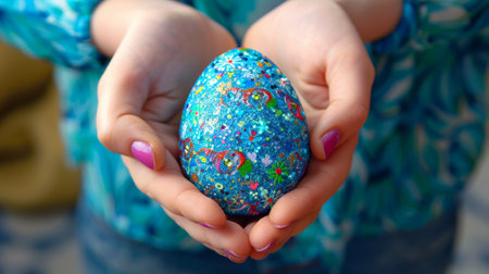 Hands holding colorful Easter eggs in closeup. Spring holiday Easter celebration concept.の素材