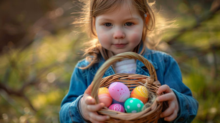 Happy little girl holding Easter egg basket outdoors.の素材
