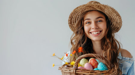 Young smiling woman wearing casual clothes hold wicker basket with colorful Easter eggs isolated on pastel background. Copy space.の素材