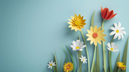 Beautiful flowers and on green background with copy space. Papercut style.の素材