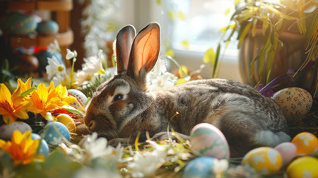 Small rabbit in Easter eggs in the green spring landscape. Easter card conceptの素材
