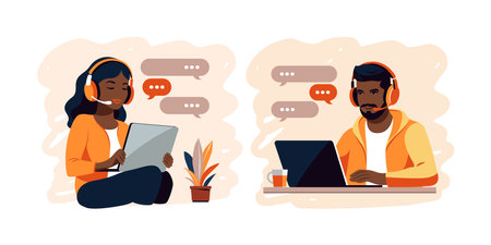 People working remotely with laptops. Concept of remote working, studying, education, work from home. Flat vector illustrationのイラスト素材