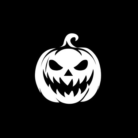 Evil jack-o'-lantern face with sharp teeth and sinister eyes in black and white style on black background, symbolizing Halloween horrorの素材