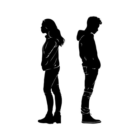 Silhouettes of a Couple in Conflict. Concept of divorce, misunderstanding in familyの素材