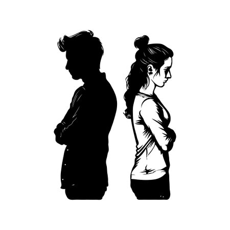 Silhouettes of a man and woman standing back to back. Concept of divorce, misunderstanding in family, disagreement, relationship troublesの素材