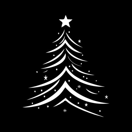 Minimalist white Christmas tree with decorations on black background.の素材