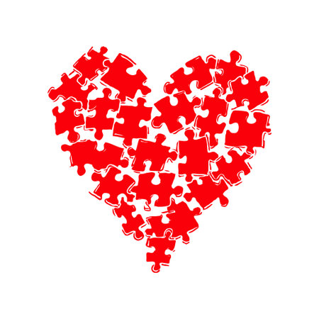Red puzzle pieces arranged in a heart shape, hand-drawn style on white background, symbol of love, unity, relationship conceptのイラスト素材