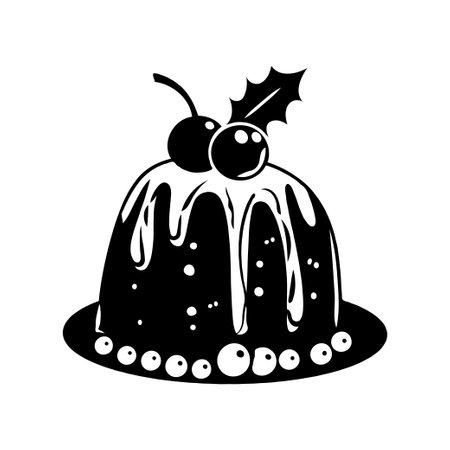 Festive pudding with icing and cherries on top, holly garnish on white background.の素材