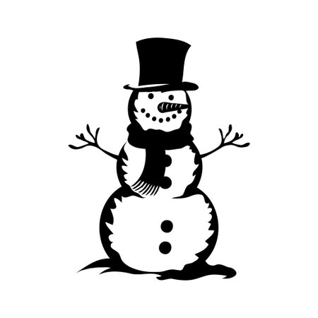 Silhouette Christmas snowman with a hat and scarf is standing on a snowy hill. The snowman has a carrot nose and is smiling. Vector illustrationの素材