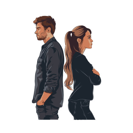 A man and woman standing back to back with arms crossed, dressed in dark outfits, on a white background, symbolizing conflict or disagreement, divorce and misunderstanding in familyの素材
