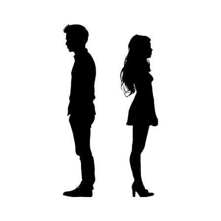 Silhouettes of a man and woman in emotional distress. Concept of conflict and sadness and misunderstanding in familyの素材