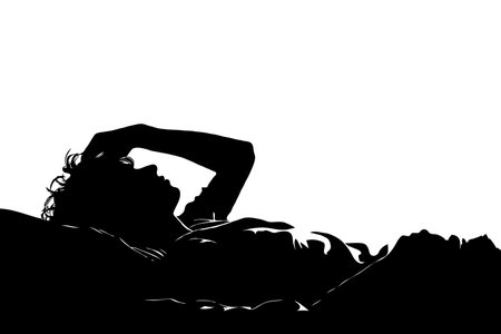 Silhouette of a person resting their head on their arm, expressing feelings of sadness, reflection, depression, insomnia, frustration, loneliness.の素材