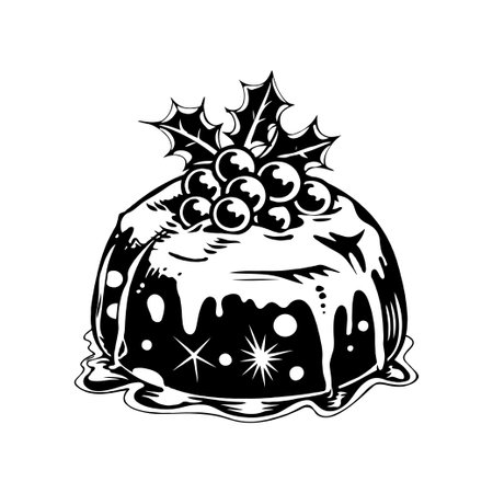 Traditional Christmas pudding topped with holly leaves and berries in a black and white illustration style on a plain white background. Symbol of festive dessertの素材