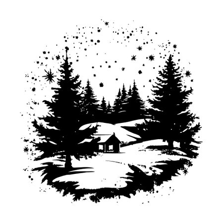 Snowy forest scene with pine trees, a small cabin, and starry night sky in black ink style on white background, evoking winter solitudeの素材