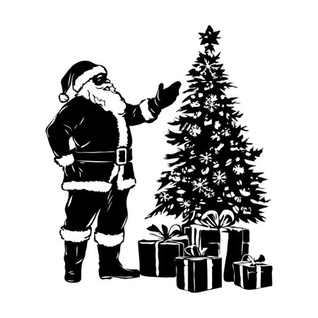 Santa Claus stands next to a decorated Christmas tree with gift boxes beneath, illustrated in black and white on a clean white backgroundの素材