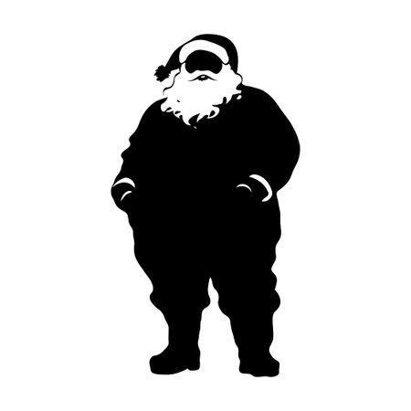Silhouette of Santa Claus in winter attire with hands in pockets, bold graphic style, isolated on white background, symbolizing Christmasの素材