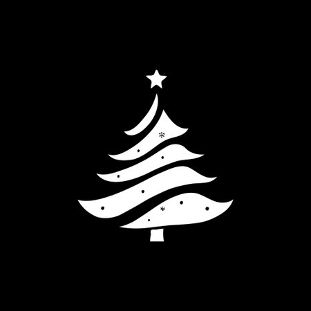 Minimalistic abstract white Christmas tree with a star and ornaments on a solid black background. Holiday celebration conceptの素材