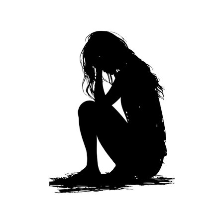 Silhouette of a woman sitting with her head in hands on a white background. Concept of sadness, depression, loneliness, or despairの素材