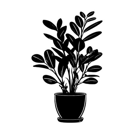 Decorative ZZ houseplant in a pot drawn in black ink silhouette style on a plain white background, symbolizing nature, growth, and home decorの素材