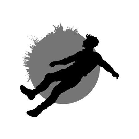 Silhouette of a man falling in front of a grunge-style circular background on white. Concept of loss, gravity, or surreal dreamlike stateの素材