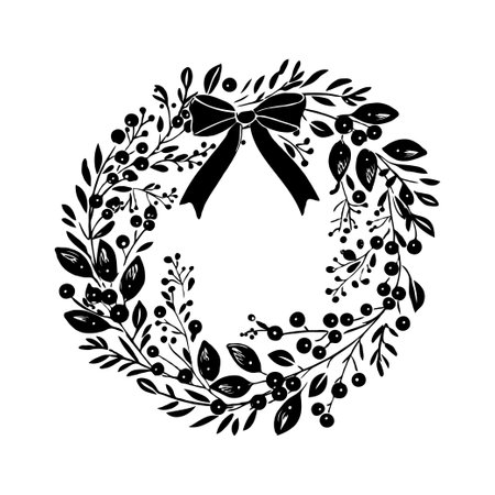 Elegant black and white floral wreath with leaves, berries, and a bow on white background, symbolizing festive and decorative themesの素材