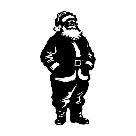 Silhouette illustration of Santa Claus in his traditional outfit, standing on a white background. Concept of Christmas and holiday seasonの素材