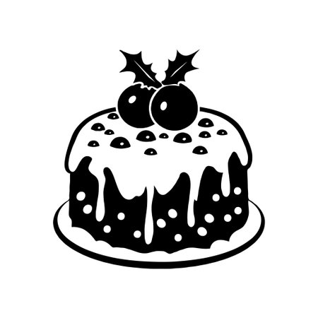 Silhouette of a Christmas pudding topped with holly and icing, in black and white, on a plain white background, festive dessert conceptの素材