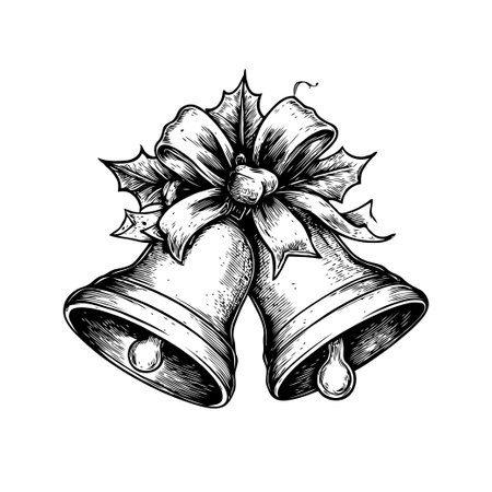 Two festive bells tied with a ribbon and holly leaves, hand-drawn style, isolated on white background, symbolizing holiday celebrationの素材